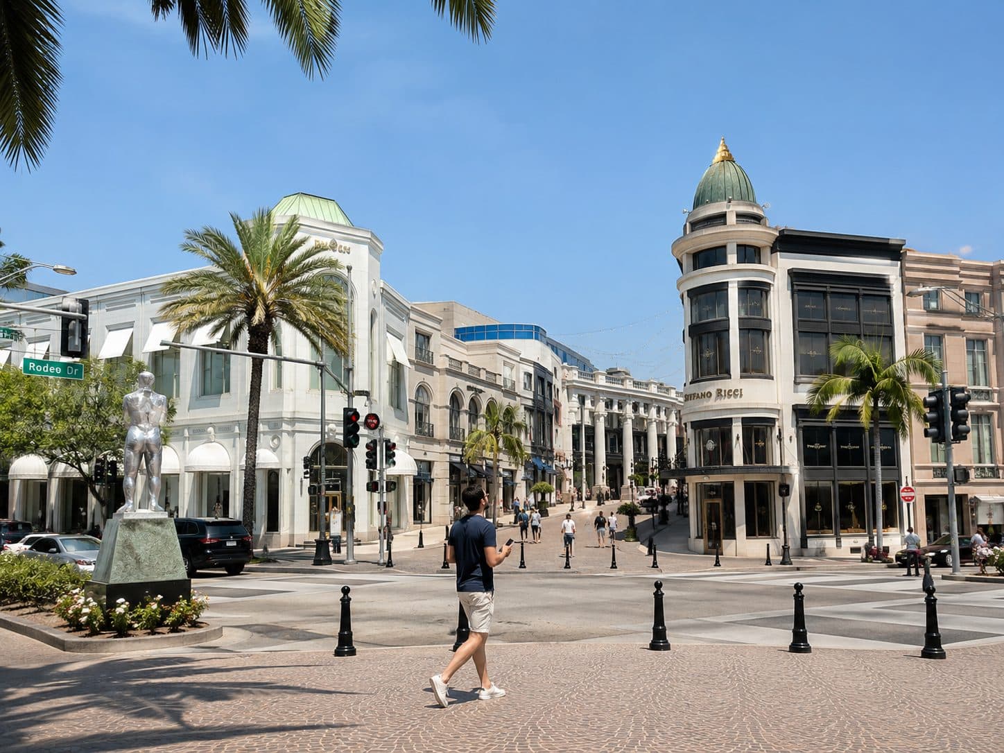 A traveler exploring a city shopping district with a self-guided audio experience.