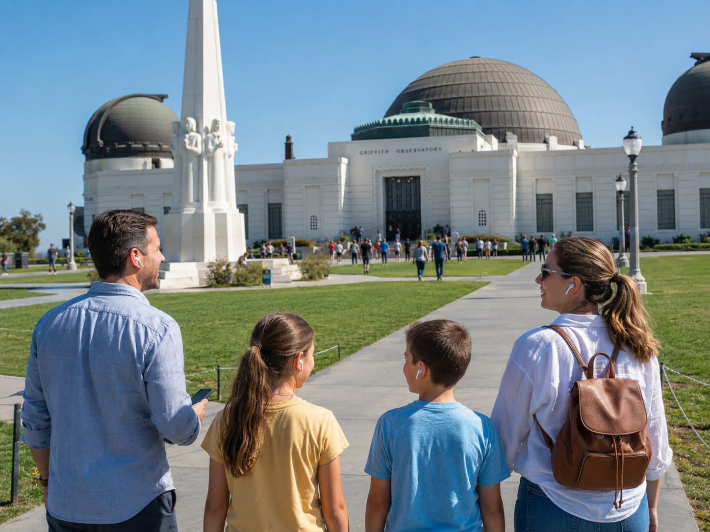 A family exploring Griffith Observatory together with TourWhisper audio guidance.
