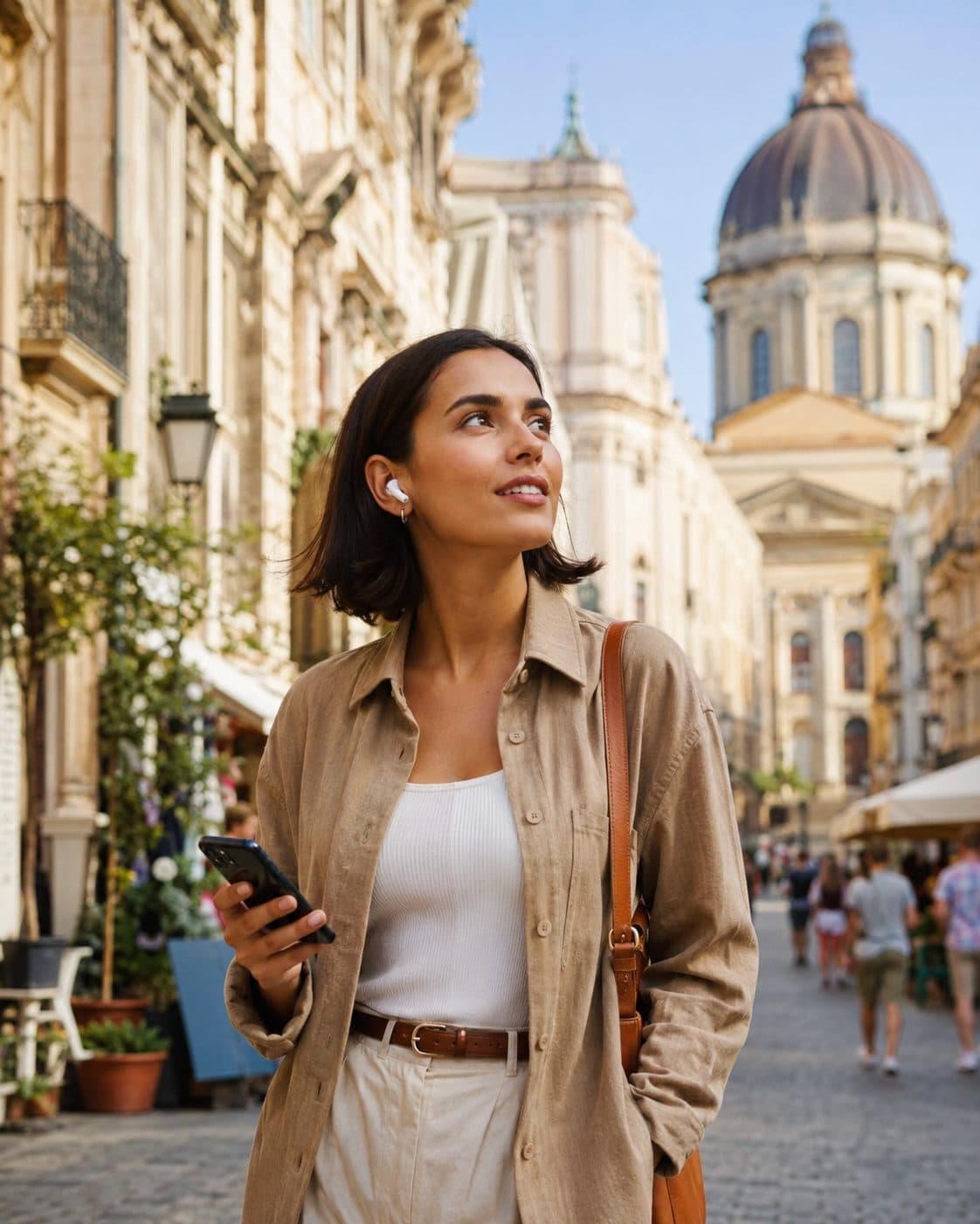 A visitor holding a phone while exploring a warm historic city street with audio guidance.