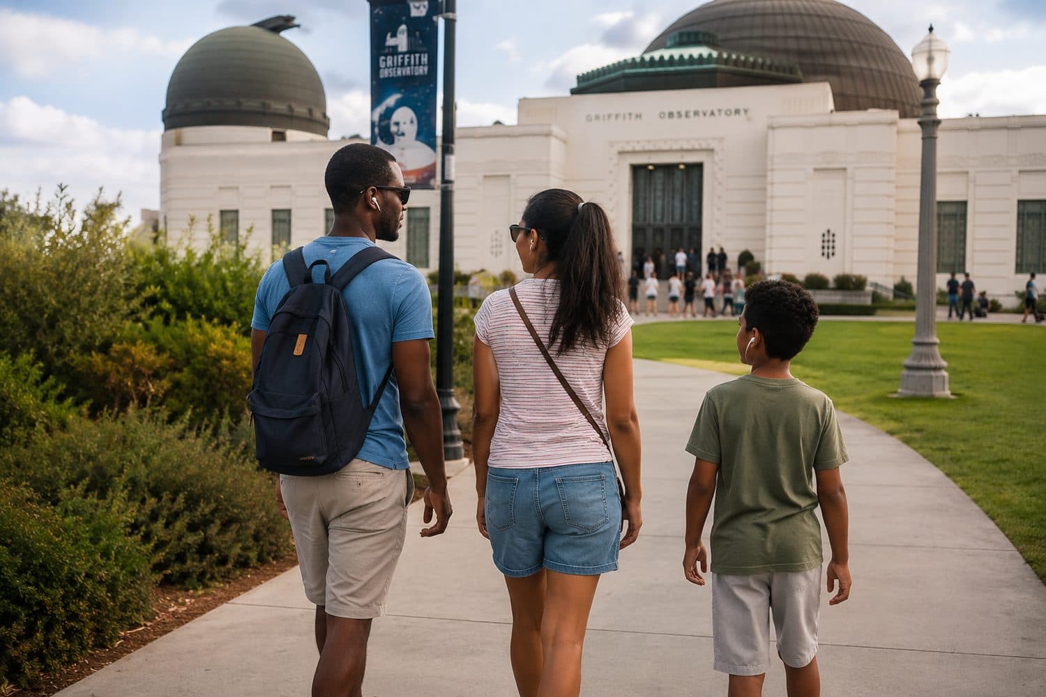 A family approaching Griffith Observatory while listening to a self-guided audio experience.