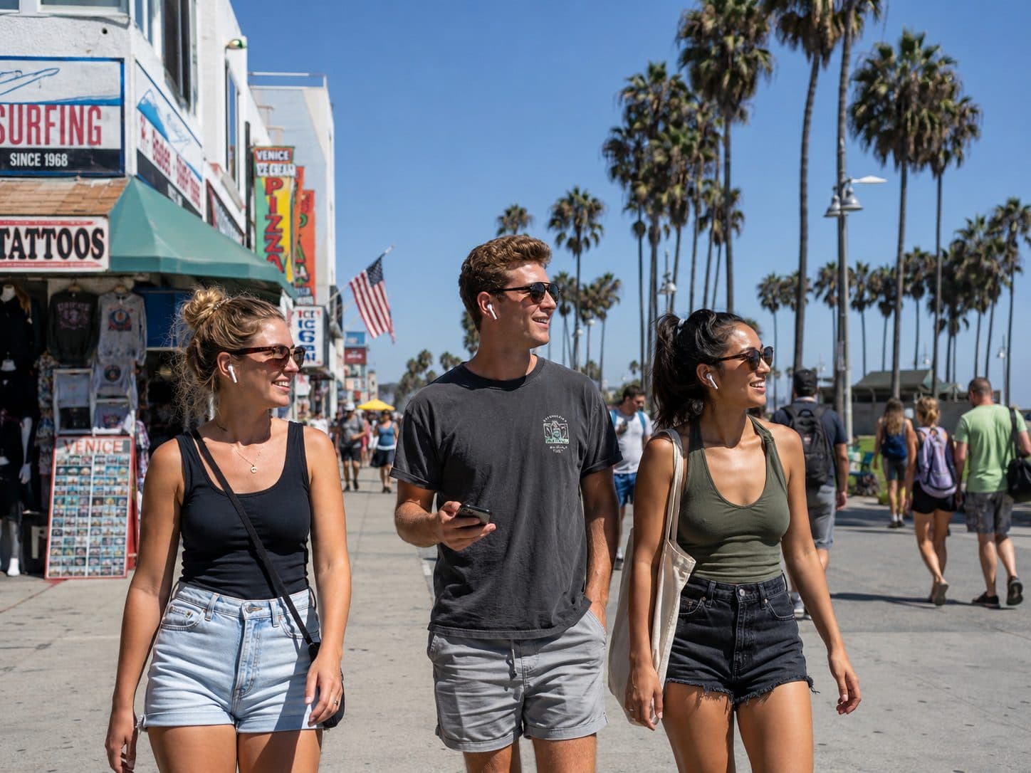 Friends walking along a sunny boardwalk while listening to a self-guided walking tour.