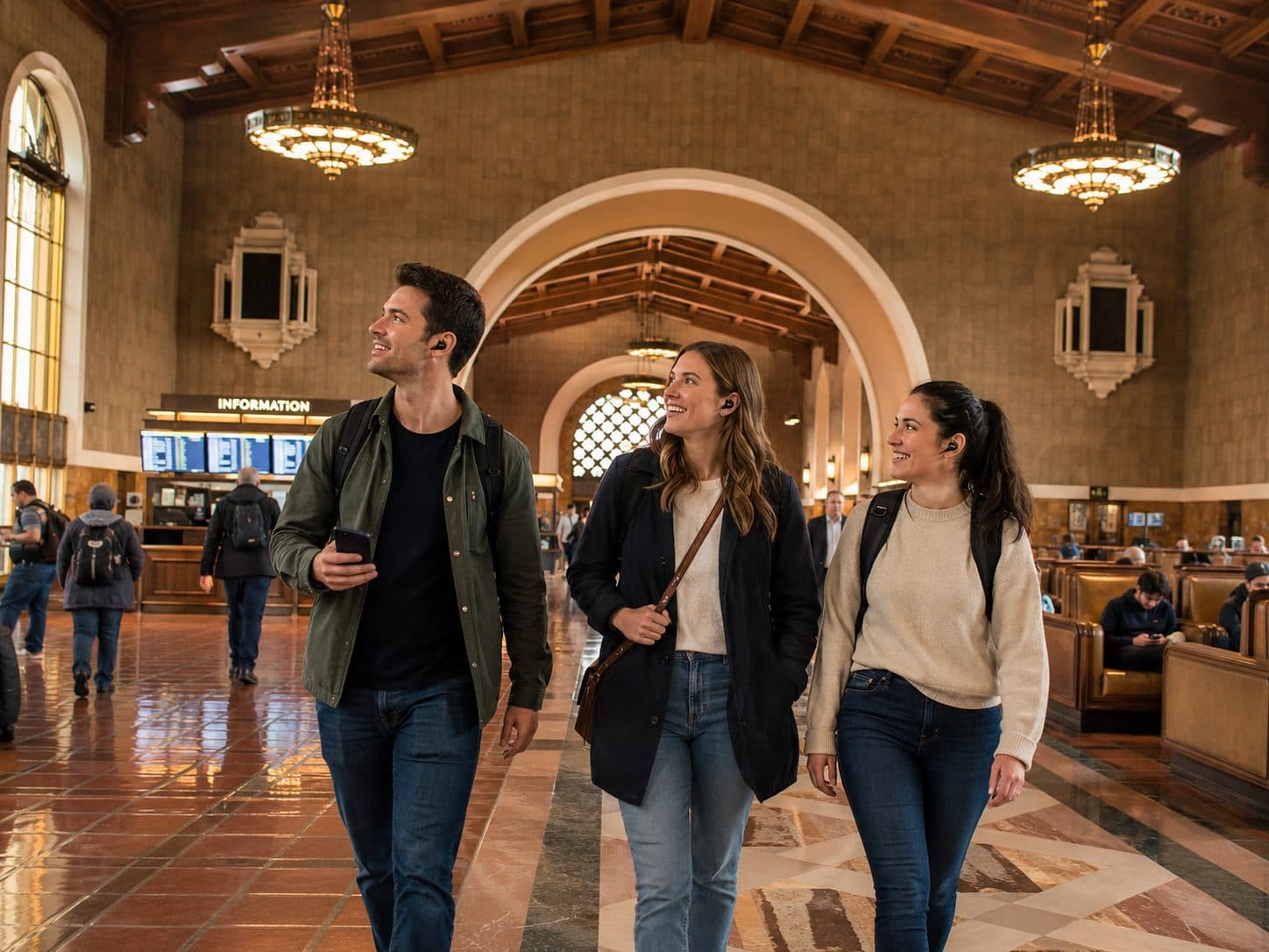 Friends walking through a historic station while listening to a self-guided audio experience.