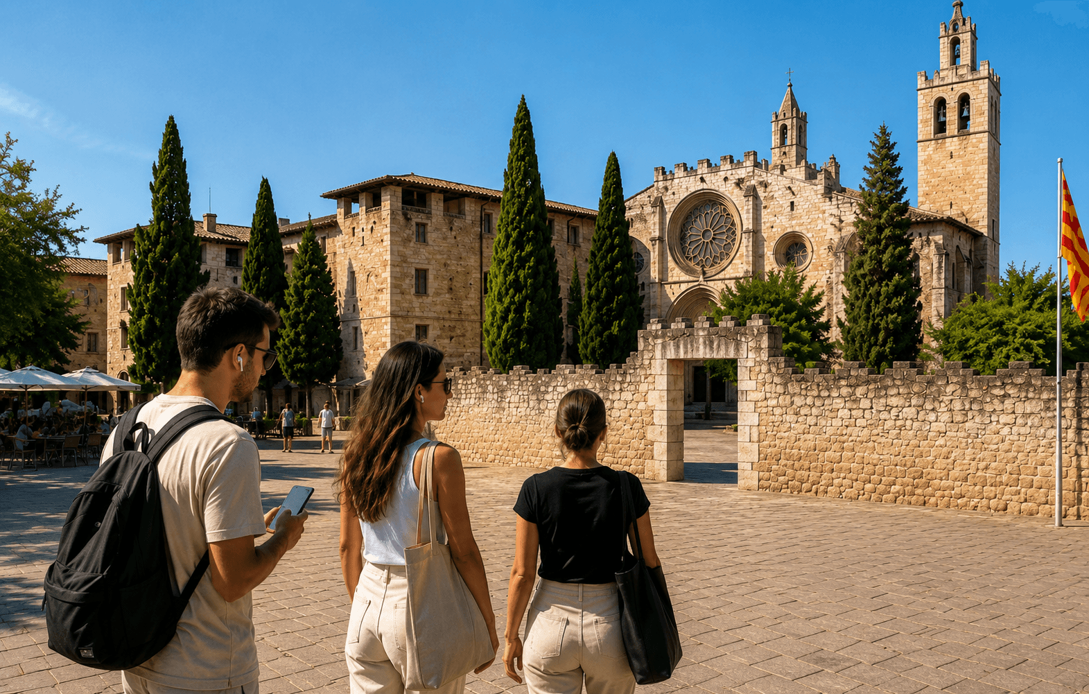 Visitors using a self-guided audio experience in Plaça d’Octavià, with the Monastery of Sant Cugat, its stone walls, rose window, bell tower, and cypress trees in the background.