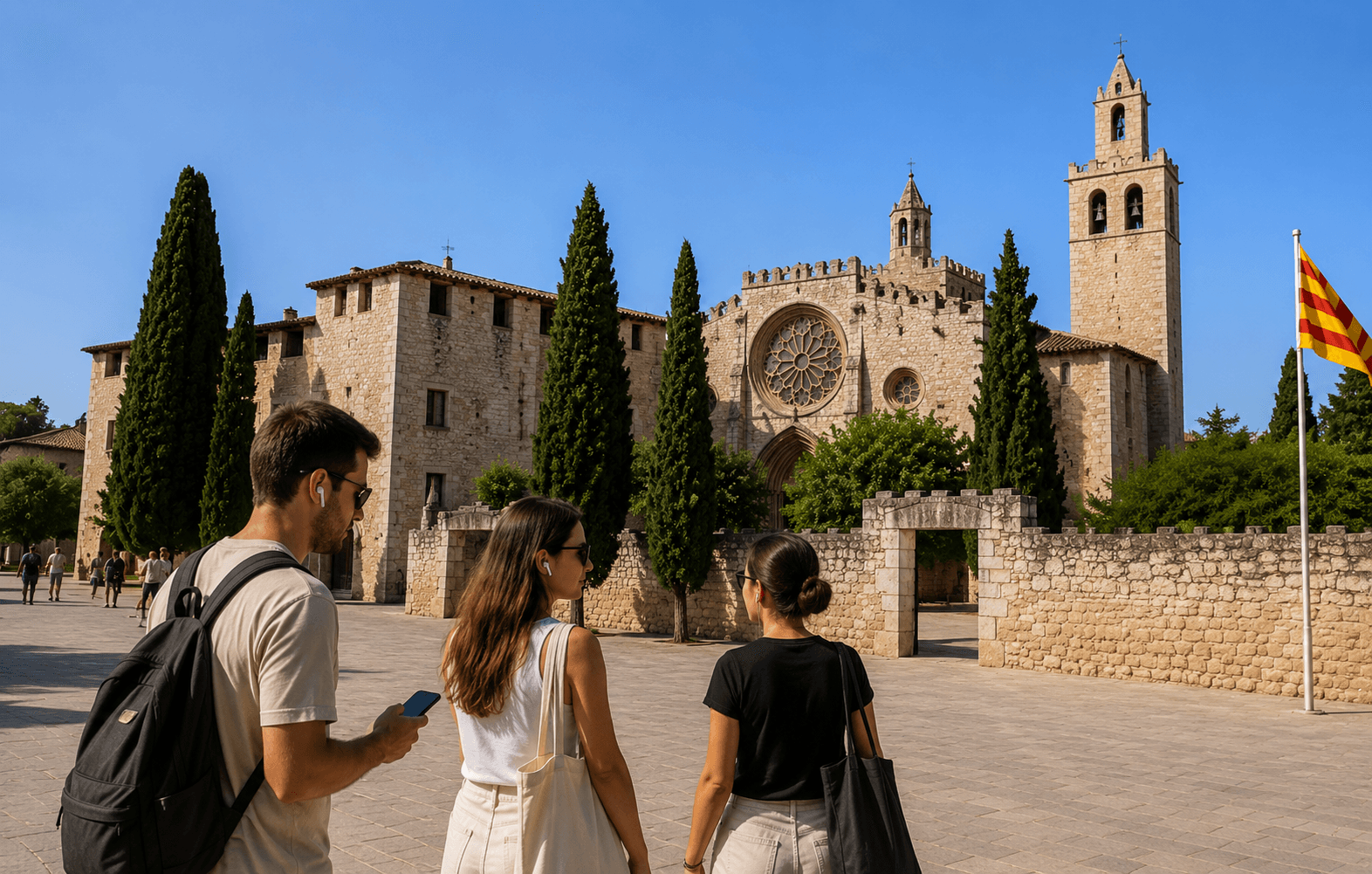 Wide view of Plaça d’Octavià and the Monastery of Sant Cugat, with visitors exploring the historic square under a clear blue sky.